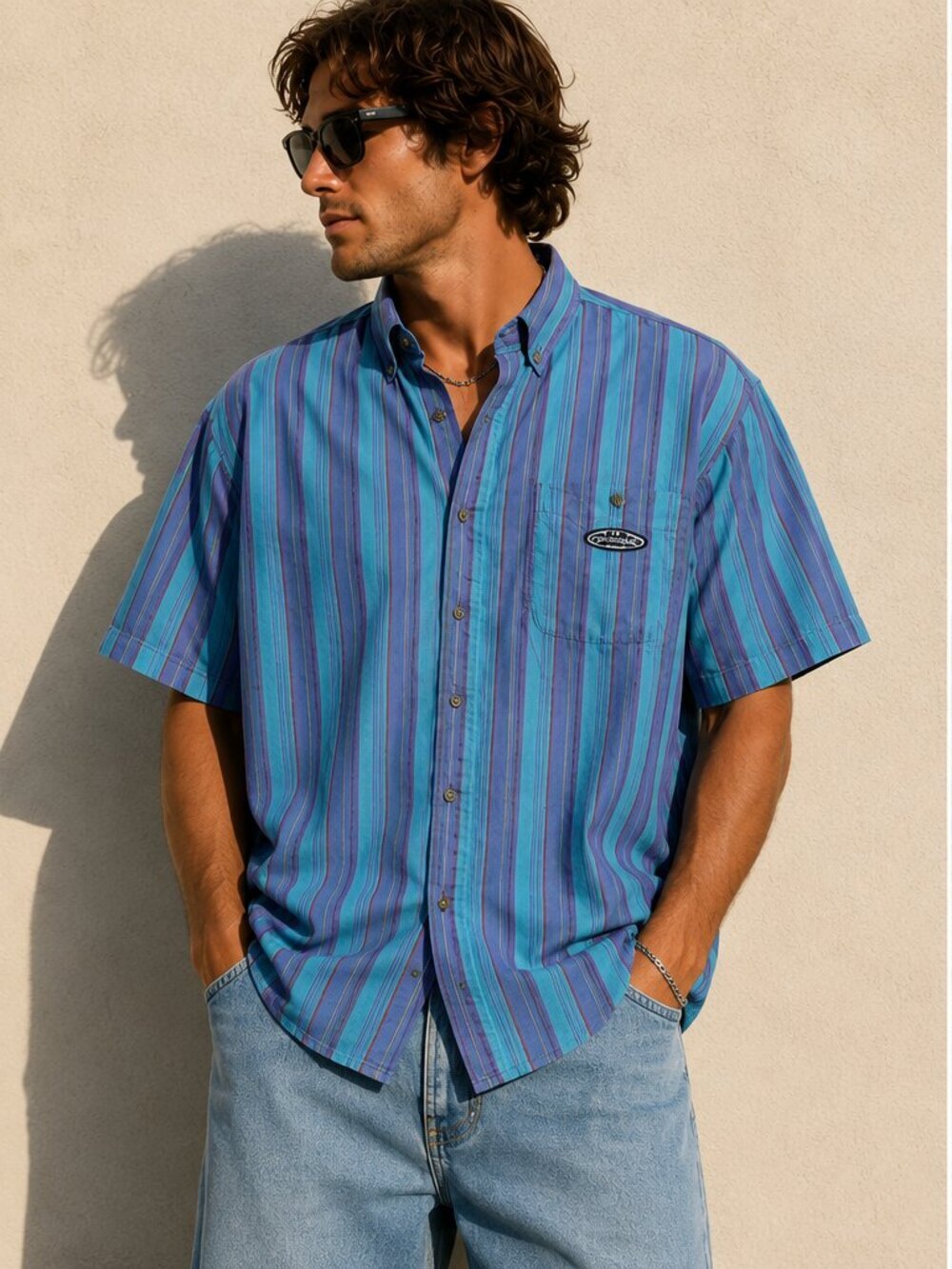 Vintage Quiksilver Surf Shirt Teal Purple Striped Button Up Men's Large 90s Y2K